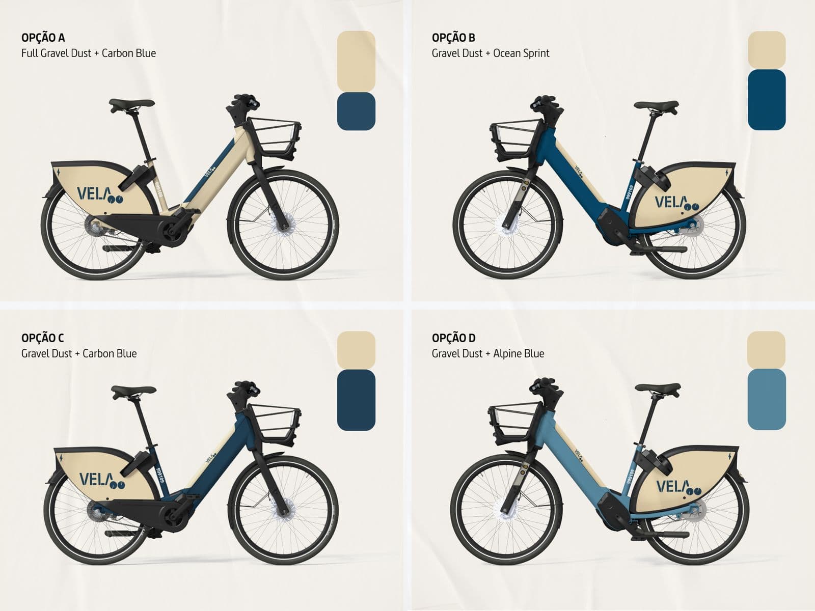 Mosaico com quatro propostas cromáticas para a bicicleta VELA: opção A no canto superior esquerdo, B no superior direito, C no inferior esquerdo e D no inferior direito.